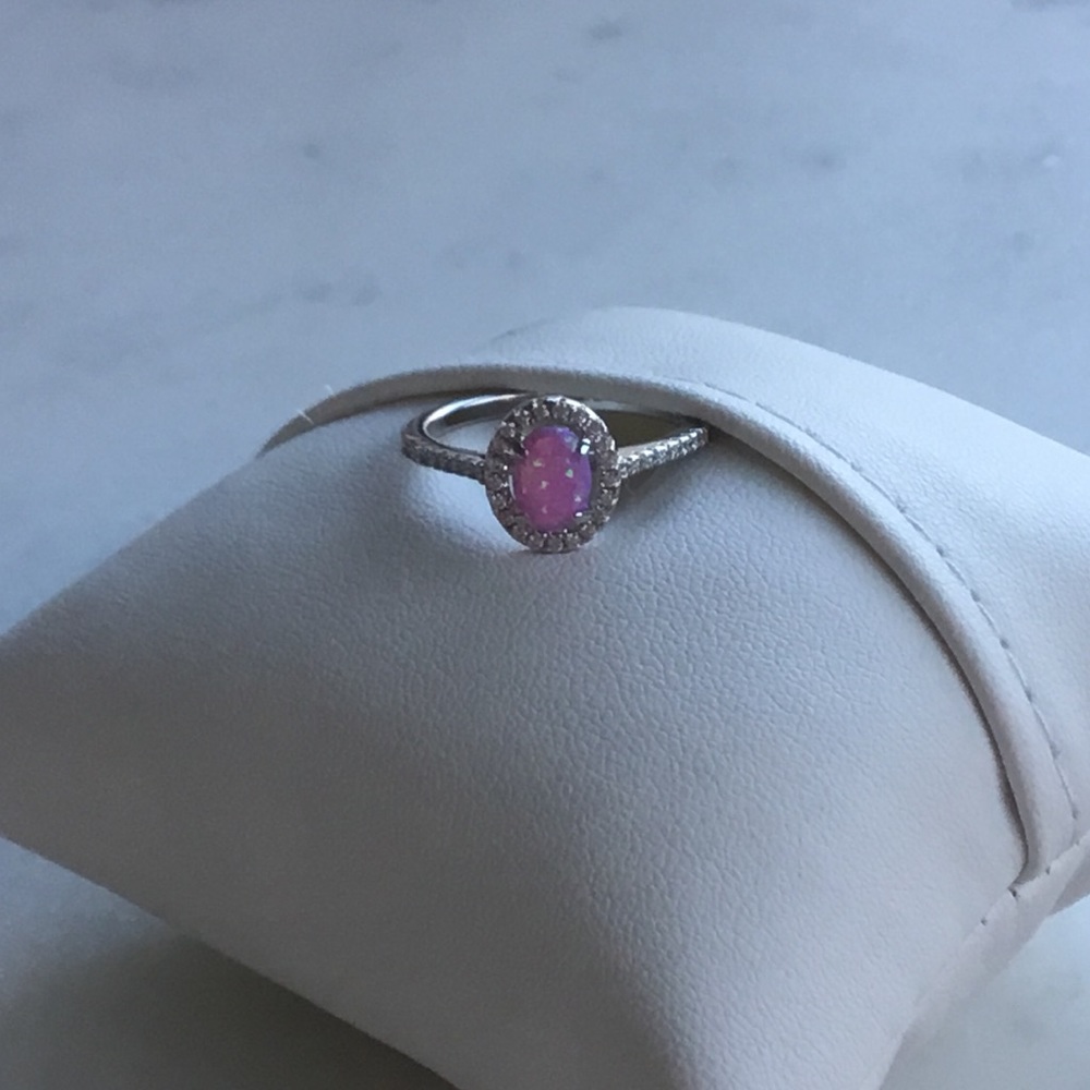 Sterling Pink Lab Opal and Clear CZ Oval Halo Ring - Picture 14 of 16